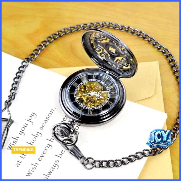 Vintage Mechanical Pocket Watch with Chain Skeleton Dial Roman Numerals main image 4